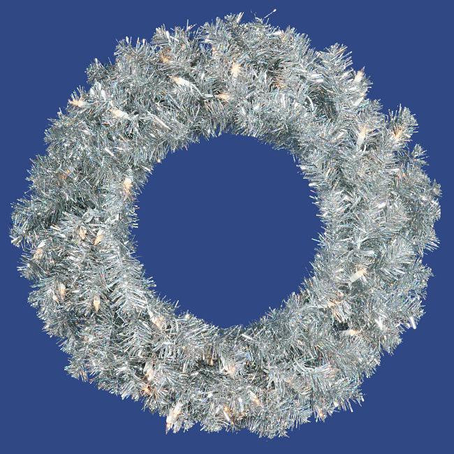 36" Pre-Lit Sparkling Silver Tinsel Artificial Christmas Wreath - Clear Lights