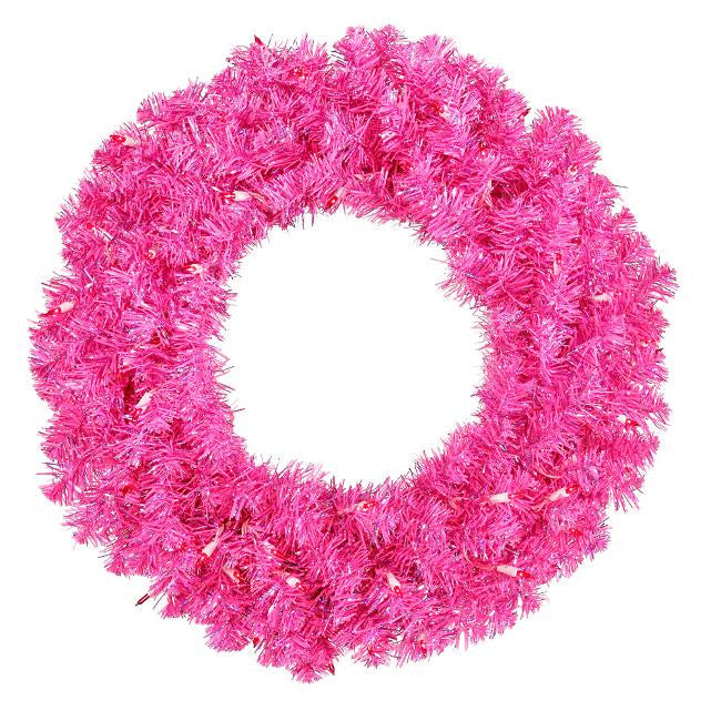 36" Pre-Lit Sparkling Hot Pink Tinsel Artificial Christmas Wreath - Pink Lights