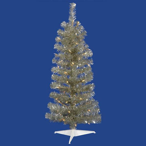 3' Pre-Lit Champagne Artificial Pencil Tinsel Christmas Tree - Clear Lights