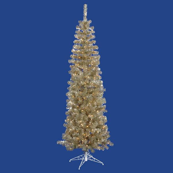 7.5' Pre-Lit Champagne Artificial Tinsel Pencil Christmas Tree - Clear Lights