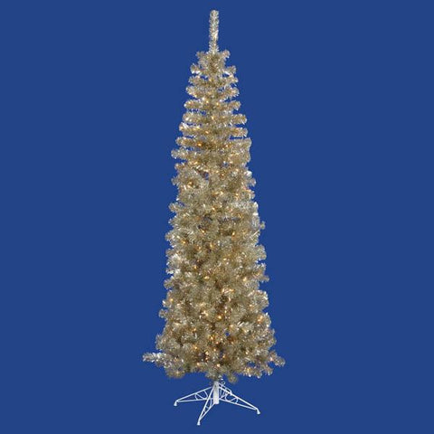 9' Pre-Lit Champagne Artificial Pencil Tinsel Christmas Tree - Clear Lights