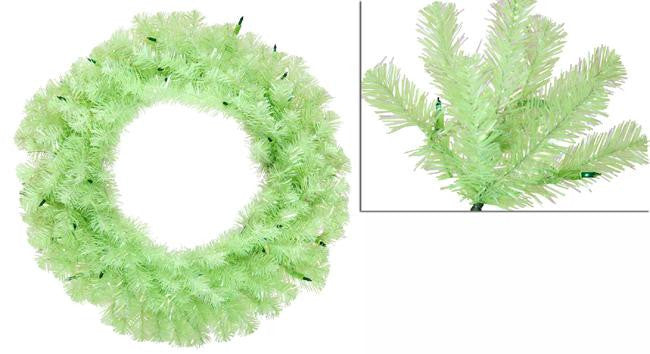 24" Pre-Lit Chartreuse Green Wide Cut Artificial Christmas Wreath - Green Lights