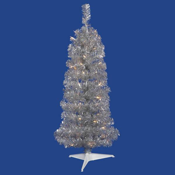 3' Pre-Lit Silver Artificial Pencil Tinsel Christmas Tree - Clear Lights