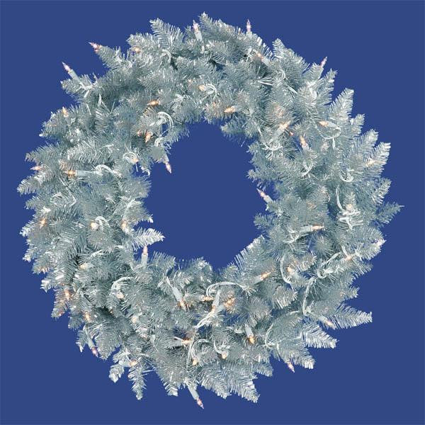 24" Pre-Lit Silver Ashley Spruce Tinsel Christmas Wreath - Clear Lights