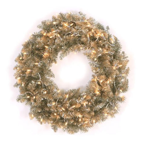 5' Pre-Lit Champagne Ashley Spruce Tinsel Christmas Wreath - Clear Lights