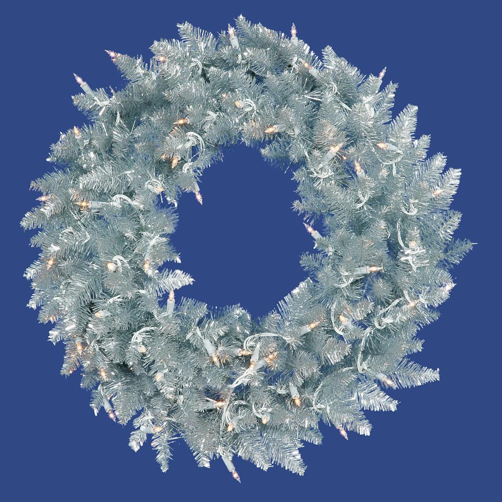 5' Pre-Lit Silver Ashley Spruce Tinsel Christmas Wreath - Clear Lights