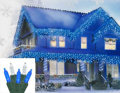 Set of 70 Blue & Pure White LED M5 Mini Icicle Christmas Lights - Green Wire