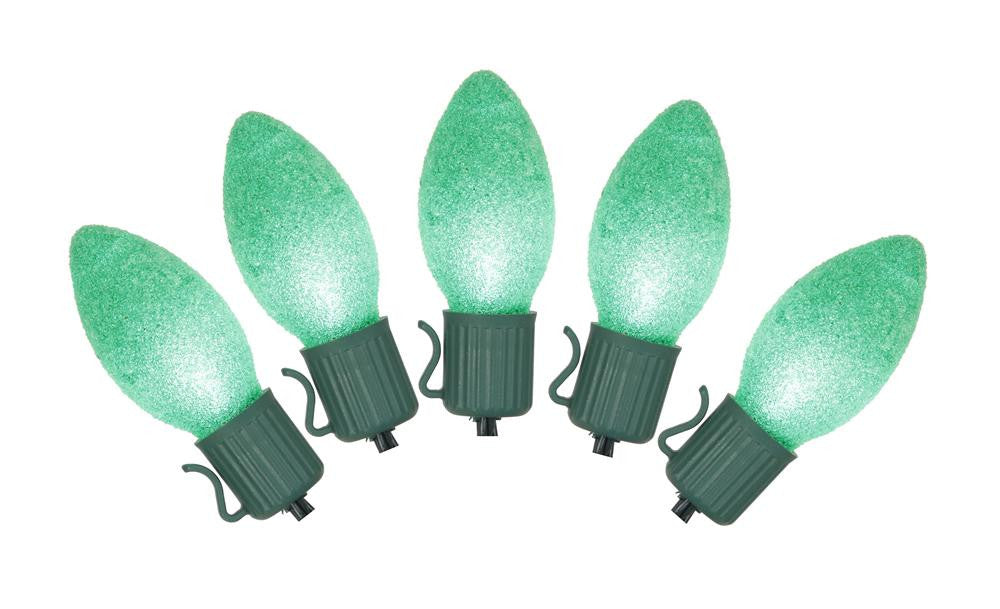 Set of 10 Battery Operated Sugared Green LED C7 Christmas Lights - Green Wire