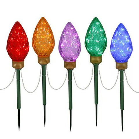 Set of 5 C9 Shape Extra Large LED Lighted Christmas Pathway Marker Lawn Stakes - Multi-Color