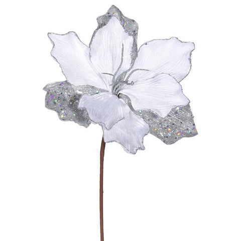 17" Elegant Silver and White Beaded Sparkle Amaryllis Flower Christmas Pick