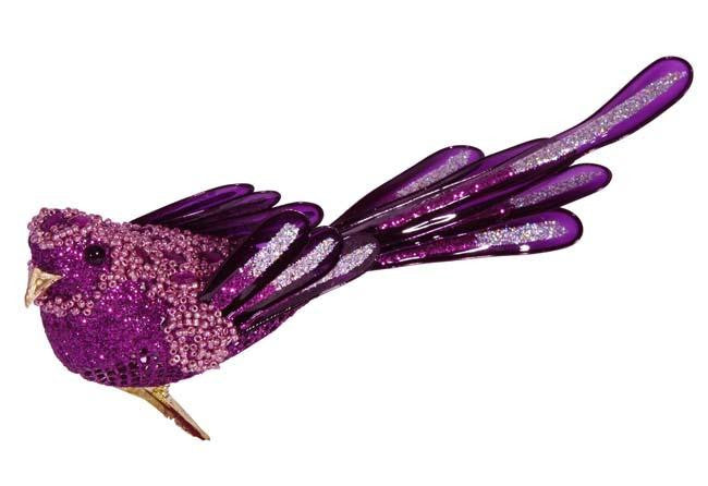 8" Purple Passion Beaded Clip-On Bird Figure Christmas Ornament