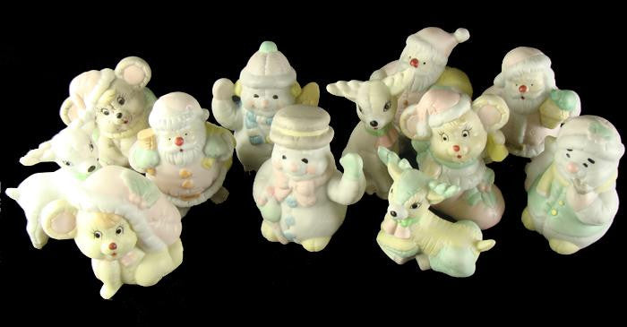 Club Pack of 144 Pastel Snowman, Deer, Santa Claus and Mouse Christmas Figurines