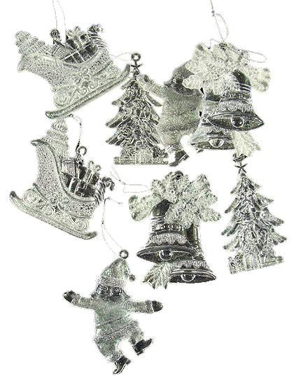 Club Pack Of 216 Clear Glitter Santa Claus, Bell and Sleigh Christmas Ornaments