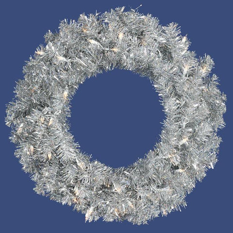 24" Pre-Lit Sparkling Silver Tinsel Artificial Christmas Wreath - Clear Lights