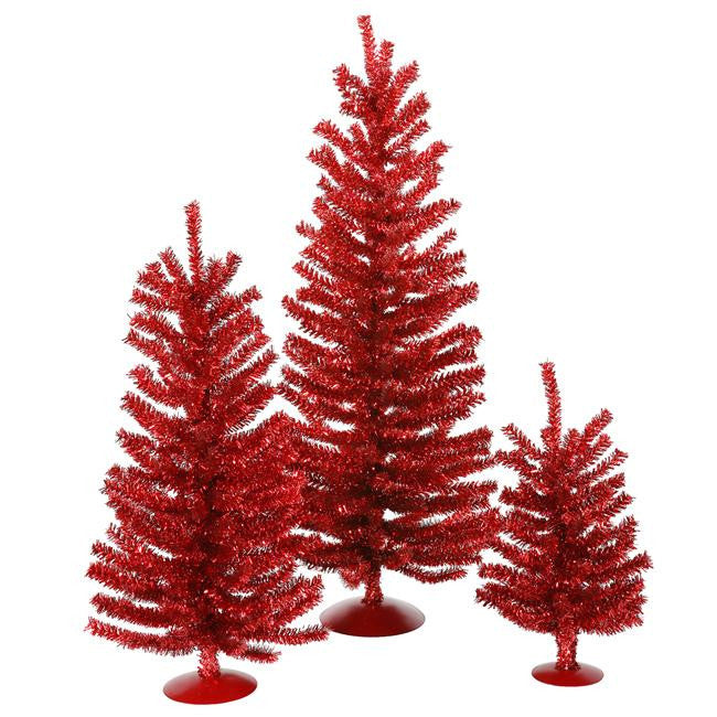 Set of 3 Red Artificial Tinsel Christmas Trees 12", 18" and 24" - Unlit