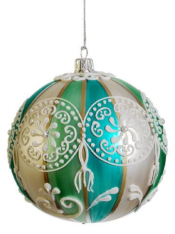 Aqua and Green Striped Paisley Glass Ball Christmas Ornament 4" (100mm)