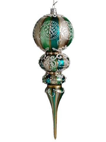 10" Green, Blue & White Embossed Paisley Design Glass Finial Christmas Ornament