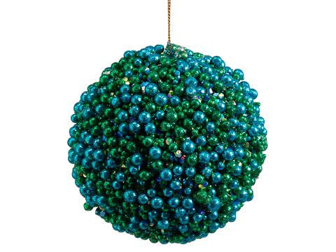 4.5" Regal Peacock Blue and Green Glitter Beaded Ball Christmas Ornament