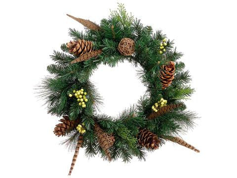 20" Pheasant Feather Artificial Christmas Wreath with Pine Cones - Unlit