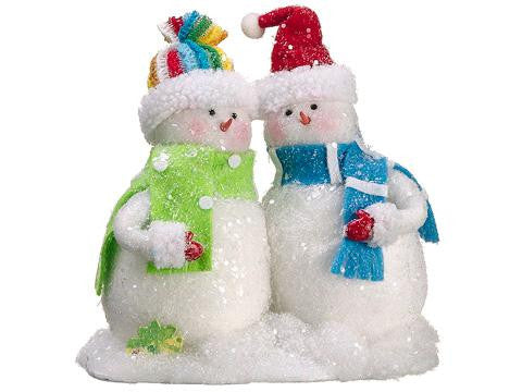 8.5" Iridescent Snowy Snowman Couple with Green and Blue Scarves Table Figure