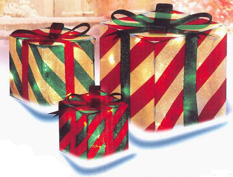 3-Piece Glistening Striped Gift Box Lighted Christmas Yard Art Decoration Set