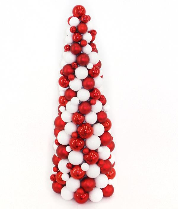 24" Red Candy Cane Shatterproof Christmas Ball Ornament Table Top Cone Tree