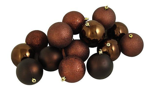 12ct Chocolate Brown Shatterproof 4-Finish Christmas Ball Ornaments 4" (100mm)