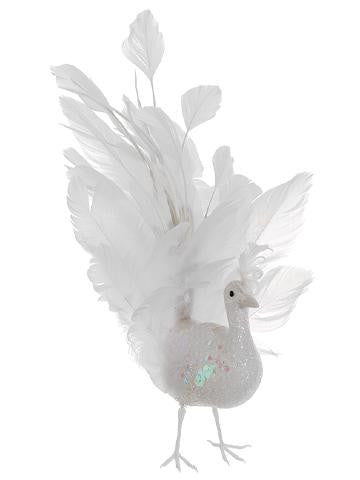 10" Regal Peacock White Glitter Winter Frost Fancy Tail Bird Christmas Ornament