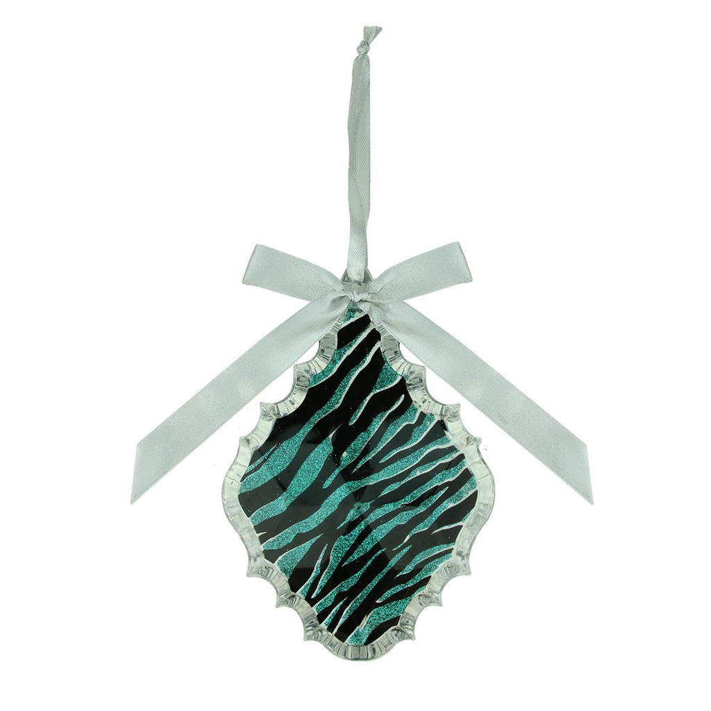 5.5" Glittered Teal Zebra Print Teardrop Prism Christmas Ornament