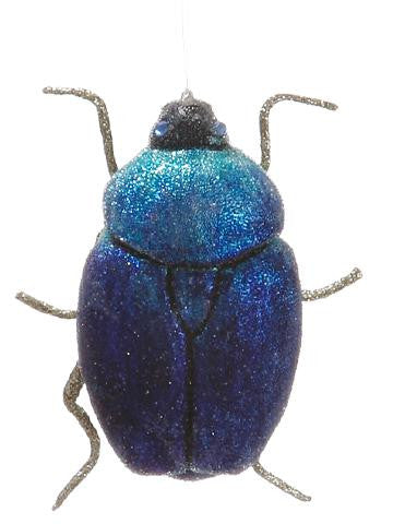 3.25" Regal Peacock Sugared Blue and Silver Scarab Beetle Christmas Ornament