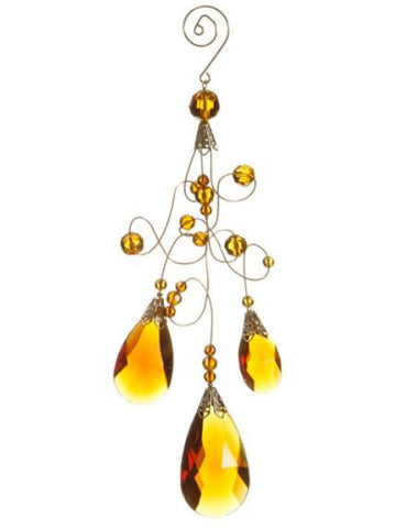 9.75" Amber Gold Faceted Beaded Teardrop Scrolling Christmas Ornament