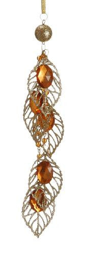 8.5" Royal Symphony Gold Glittered Amber Jeweled Leaf and Bead Pendant Christmas Ornament