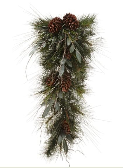 34" Eucalyptus Twig and Pine Cone Christmas Teardrop Swag - Unlit