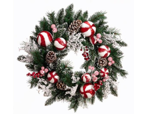 24" Iced Peppermint Twist Christmas Wreath With Berries - Unlit