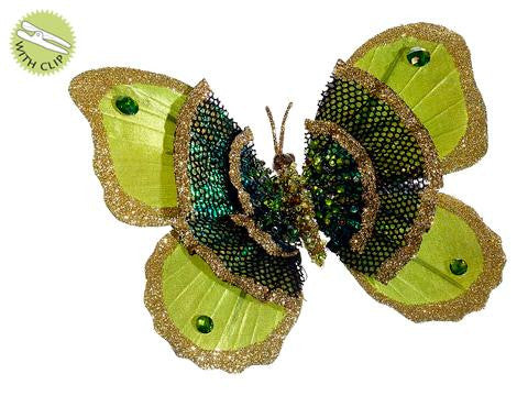 Pack of 6 Regal Peacock Glittery Green Butterfly Clip On Christmas Ornaments 6"