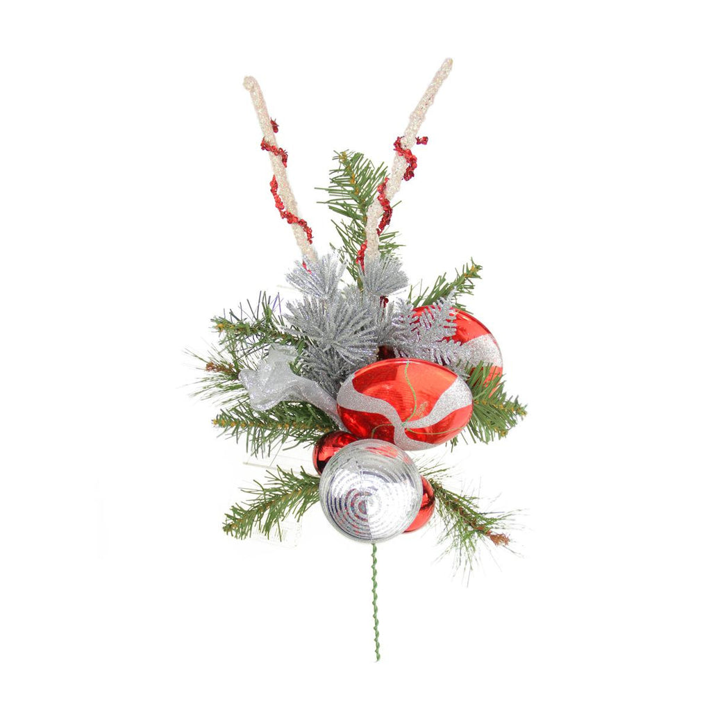 21" Peppermint Twist Red, White and Silver Pre-Decorated Artificial Pine Spray