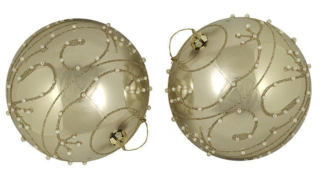 2 Fancy Champagne Glittered Shatterproof Christmas Ball Ornaments 6" (150mm)