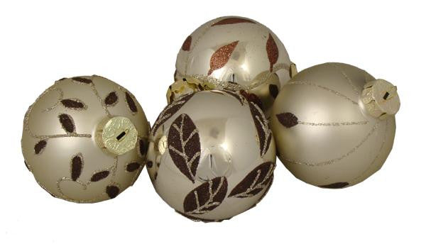 4 Champagne Leaf Glittered Shatterproof Christmas Ball Ornaments 3.25" (80mm)