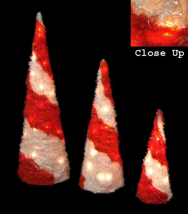 Set of 3 Lighted Peppermint Twist Red & White Christmas Cone Tree Decorations