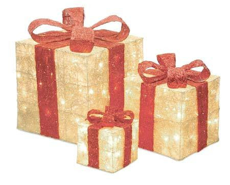 Set of 3 Sparkling Cream Sisal Gift Boxes Lighted Christmas Yard Art Decorations