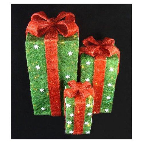 3 Tall Sparkle Green Sisal Gift Boxes Lighted Christmas Yard Art Decorations