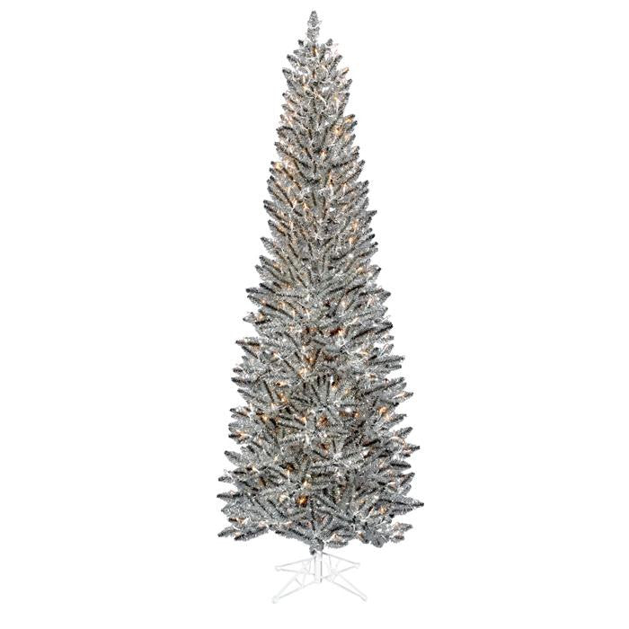 7.5' Pre-Lit Silver Pewter Artificial Tinsel Pencil Christmas Tree -Clear Lights