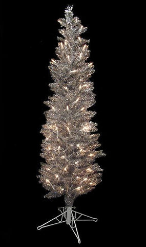 4.5' Pre-Lit Silver Pewter Artificial Tinsel Pencil Christmas Tree -Clear Lights