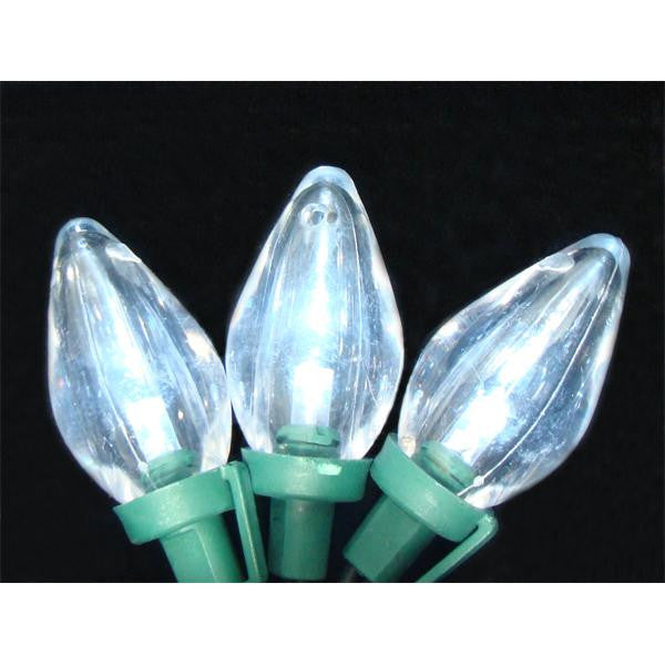 25 Transparent Pure White LED Retro Style C7 Christmas Lights - Green Wire