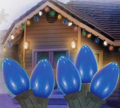 25 Ceramic Style Opaque Blue LED Retro Style C7 Christmas Lights - Green Wire