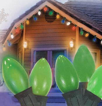 25 Ceramic Style Opaque Green LED Retro Style C7 Christmas Lights - Green Wire