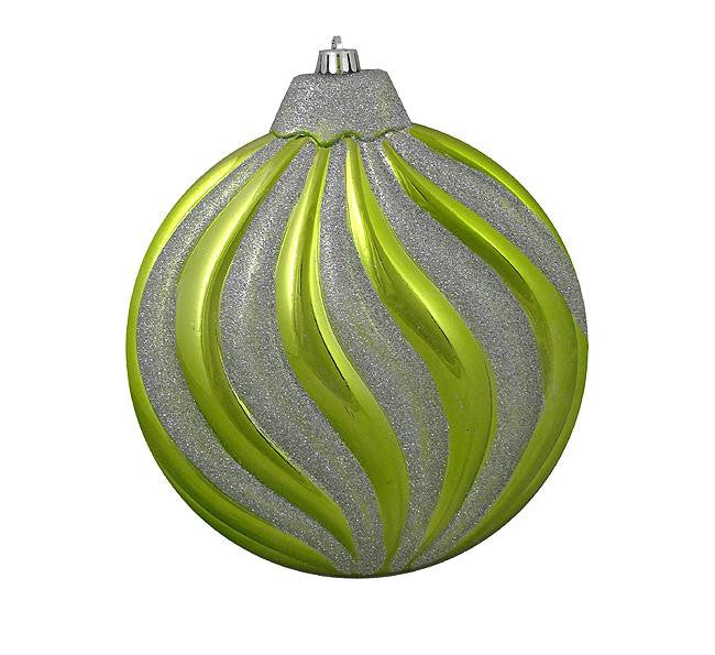 Large Kiwi Green & Silver Glitter Swirl Shatterproof Christmas Disc Ornament 8"