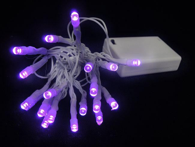 Set of 20 Battery Operated Purple LED Wide Angle Christmas Lights - White Wire