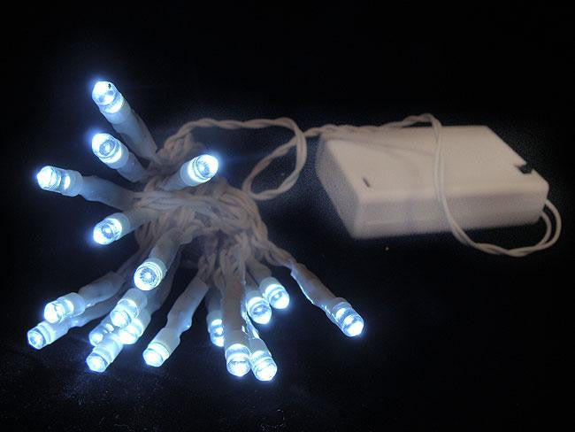 Set of 20 Battery Operated Cool White LED Wide Angle Christmas Lights - White Wire