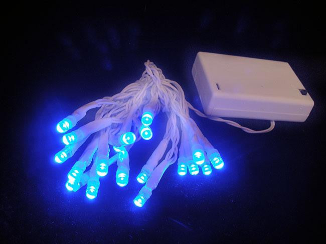 Set of 20 Battery Operated Blue LED Wide Angle Christmas Lights - White Wire